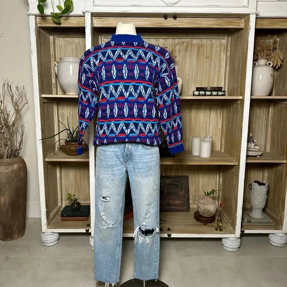 Vintage 1980s Bright Blue Geometric Knit Sweater Abstract Grunge Style Pullover - Picture 3 of 5